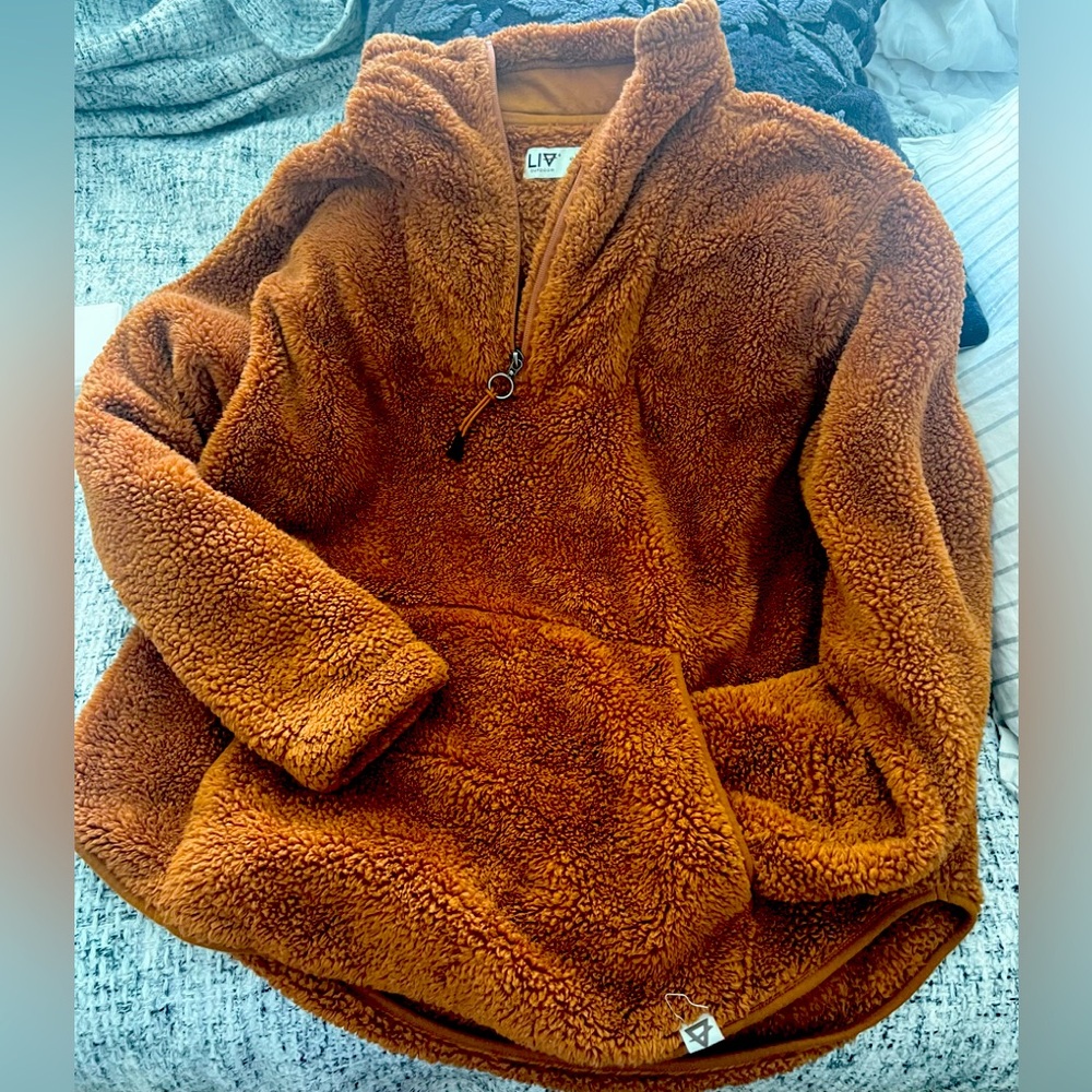 Coziest softest cognac teddy bear hiking jacket, very warm!